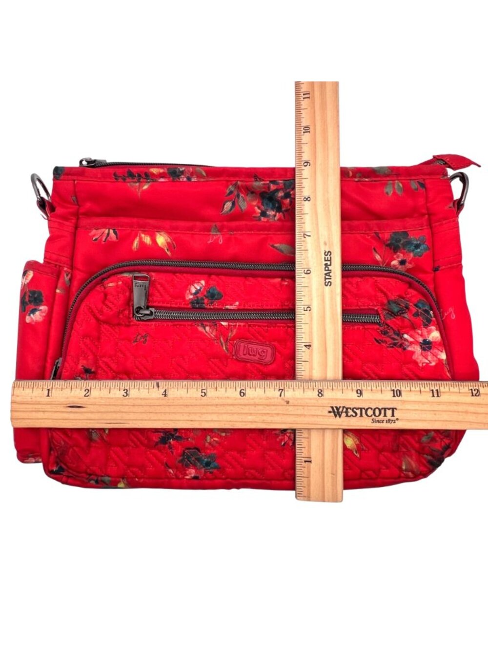 Lug Shimmy Crossbody Bag Adjustable Strap Red Floral Quilted Polyester Key Strap - Picture 12 of 16